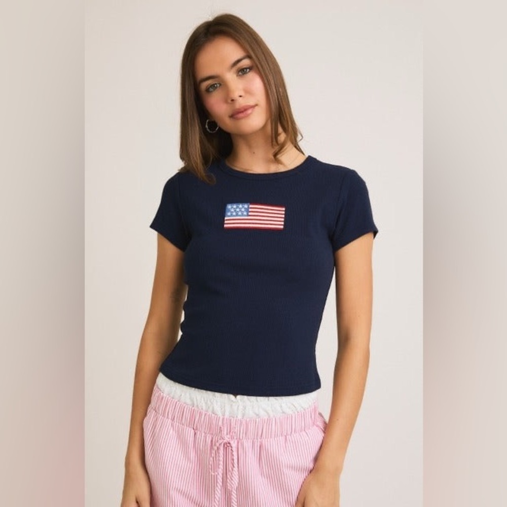 Embroidered American Flag Ribbed Baby Tee - Le Lis